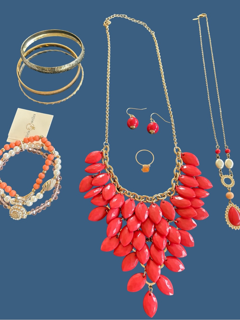Olivia Welles Coral-Red Statement Bib Necklace Set